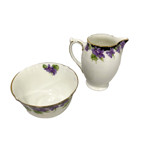 Royal Doulton Open Sugar Bowl & Creamer Violets Motif Set Made in England 1930 - Picture 4 of 13